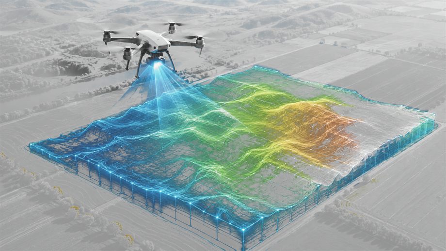 Survey drone mapping a field with a colored terrain heatmap over a greyed landscape